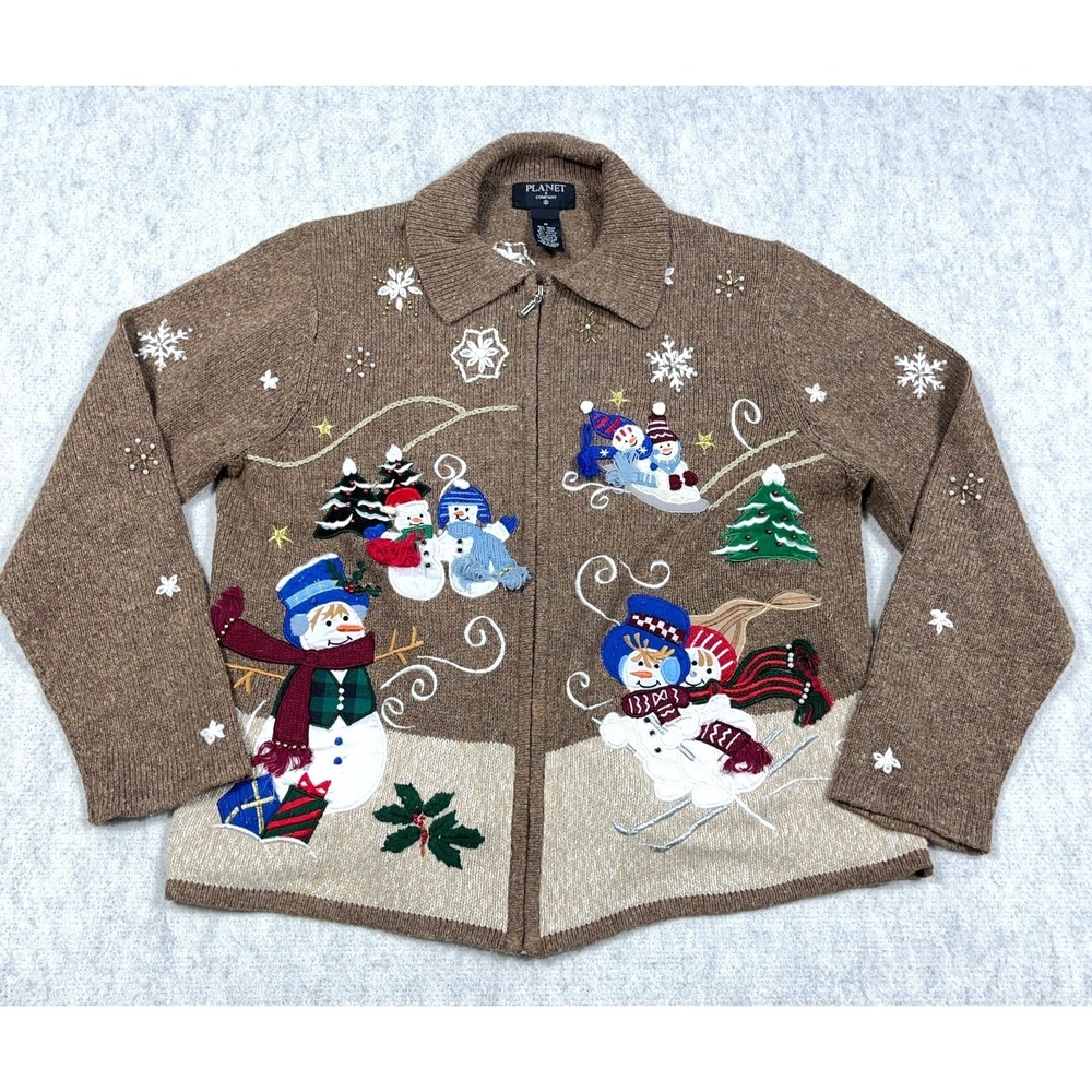 Vintage Christmas Cardigan Sweater Women Medium Full Zip Snowman‎ Winter Brown